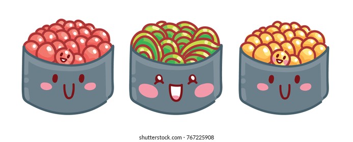 Cute characters: Sushi, Sashimi and Rolls with eyes and smile. Roll with colorful flying fish roe and seaweed. Set of hand drawn japanese food illustrations art in cartoon, doodle style