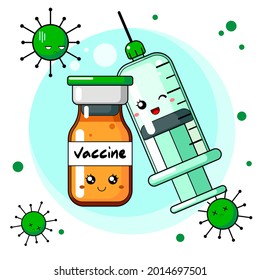 Cute characters syringe, vaccine bottle and viruses in kawaii style Vaccination fight coronavirus (2019-nCoV) 
