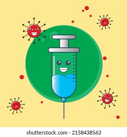 Cute Characters of Syringes Vaccines Corona Virus Kawaii Animated Doodle Flat Illustration Vaccination fight coronavirus, Protection from viruses attack, smile, injection, isolated on white, covid 19