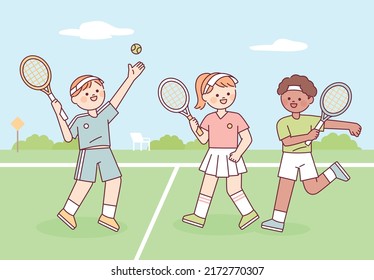 Cute characters in tennis sportswear are having fun on the tennis court. flat design style vector illustration.