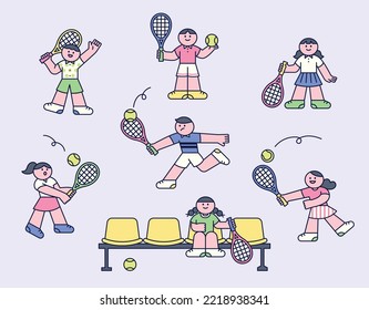 Personajes lindos con uniformes de tenis están jugando al tenis. ilustración vectorial plana.