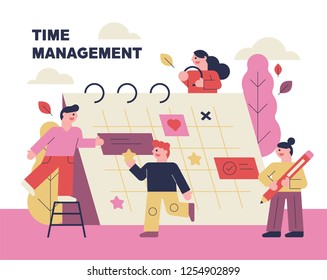 Cute characters that schedule on a large calendar concept illustration. flat design vector graphic style.