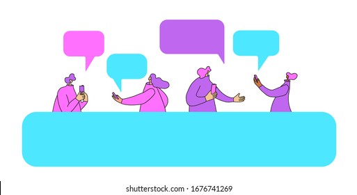 Caracteres pequeños usando su teléfono para enviar mensajes con burbujas de voz. Grupo de jóvenes que cantan con sus smartphones. Red de medios sociales. Comunicación interactiva. Ilustración del vector