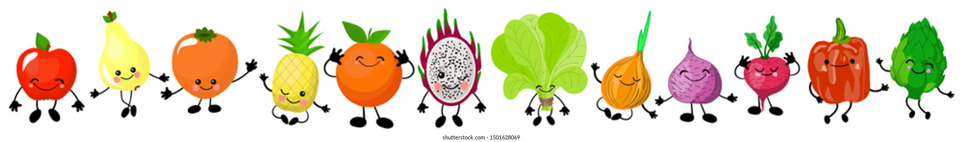 Cute characters vegetables and fruits with liu, eyes and hands. Healthy food