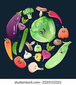 Cute characters vegetables, round shape form. Veggies vector colorful elements. Organic food, natural eco products. Square card for banner, poster, menu, social media, web design