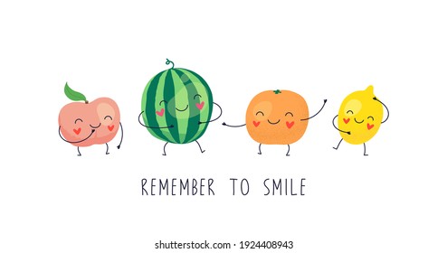Feine Figuren Wassermelone, Zitrone, Pfirsich, Orange. Vergiss nicht zu lächeln, zu feiern, Spaß zu haben. Cartoon, Vektorgrafik einzeln auf weißem Hintergrund.