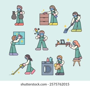 Cute characters are wearing masks and cleaning the house. They are dusting, doing laundry, vacuuming, and taking out the trash.