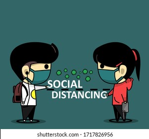 Cute characters wearing masks and  physical distancing. Distance Keep distance in public society to protect from coronavirus or COVID-19. Illustration vector