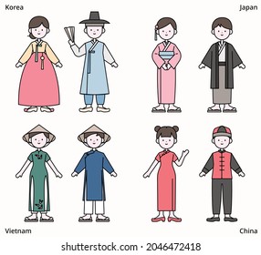 Cute characters are wearing traditional clothes from around the world. outline simple vector illustration.