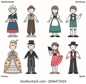 Cute characters are wearing traditional clothes from around the world. outline simple vector illustration.