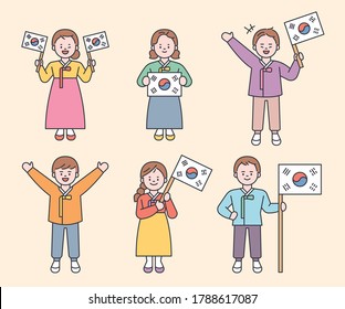 Personajes cortos con trajes coreanos tradicionales sostienen la bandera coreana. estilo de diseño plano ilustración vectorial mínima.