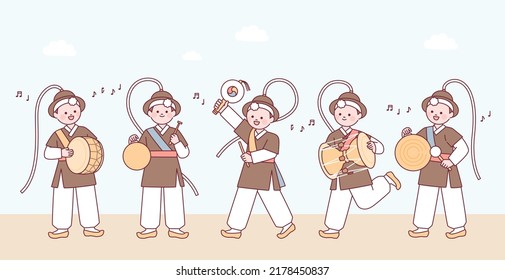 Cute Characters Wearing Traditional Korean Clothes And Playing Traditional Musical Instruments. Flat Design Style Vector Illustration.