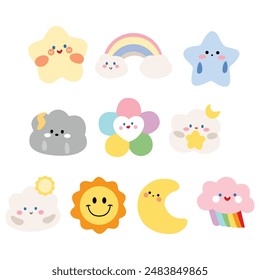 CUTE CHARACTERS WEATHER, CLOUDS, RAINBOW, MOON, STARS