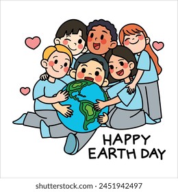 Cute characters which group of people hugging the planet cartoon style. Earth day illustration. Caring for Nature.