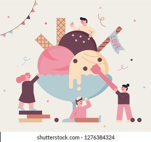 Cute characters who eat huge screen. Card cover concept illustration. flat design vector graphic style.