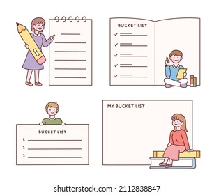 Cute characters writing a checklist next to a large piece of paper. flat design style vector illustration.