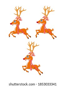 Cute charismas reindeers set with different actions  on a white background
