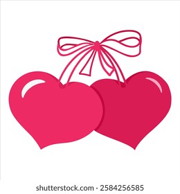 Cute charming bow with cherry berry like hearts. Cherry with bow in cartoon style. Ballet-core, coquette-core print. Hand drawn vector funky illustration isolated on a white background.