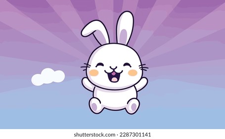 A cute and charming cartoon character of a smiling rabbit on a vibrant purple background. The adorable rabbit is sure to bring a smile to anyone's face and make a great addition to any design.