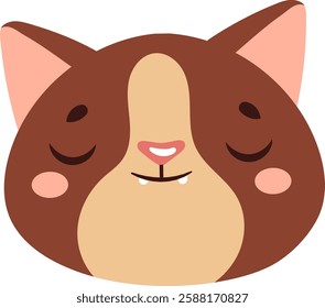 Cute and charming cartoon illustration of a cat s face with closed eyes, showcasing a peaceful expression. The design features warm brown tones and a simplistic, playful style