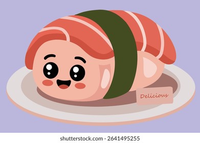 A cute and charming cartoon illustration of a sushi roll with an adorable smiling face on a plate. Ideal for Japanese food themes, kids' menus, or playful culinary designs.