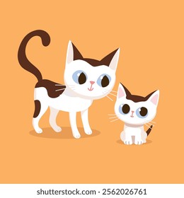 Cute charming cat family, mother cat and kitten cartoon hand drawn vector illustration. cheerful Kitty sitting, for t-shirt print, kids wear fashion design