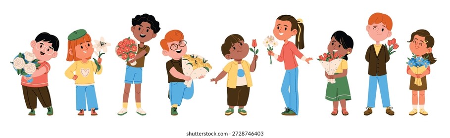 Lindos personagens infantis encantadores segurando buquês de flores colorido conjunto isolado em branco. Crianças felizes com presentes florais para Dia das Mães, aniversários e comemorações de primavera ilustração vetorial
