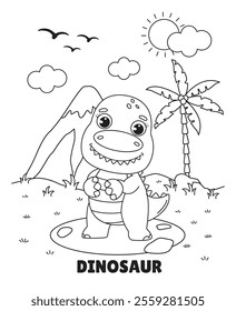 Cute and Charming Dinosaur Exploring the Wonders of Nature in a Delightful Landscape for Kids.