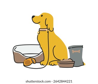 Cute, charming dog surrounded by various pet products: bed, pack of food, collar and leash. Sitting labrador. Modern cartoon style. Isolated hand drawn vector illustration.