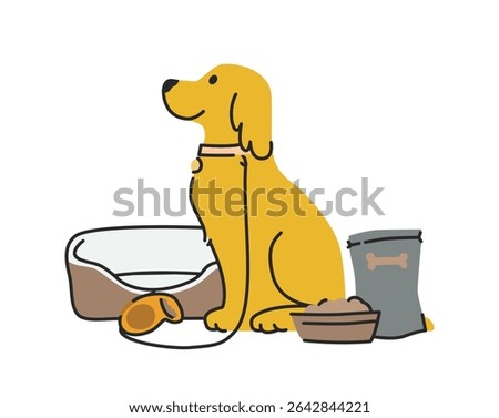 Cute, charming dog surrounded by various pet products: bed, pack of food, collar and leash. Sitting labrador. Modern cartoon style. Isolated hand drawn vector illustration.