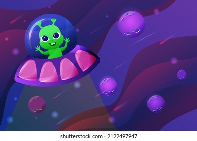 A cute and charming green alien is flying in space in a flying saucer. The stranger is cheerful and friendly and has big kind eyes. Cosmos is purple and mystical.
