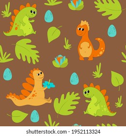 Cute charming green and orange dinosaurs on a brown background among prehistoric leaves, plants and eggs. Seamless pattern in cartoon childish style. The mood of joy and carelessness.