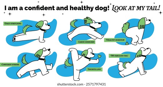 A cute and charming hand-drawn illustration of a confident and healthy dog doing yoga poses, featuring playful expressions and lighthearted details