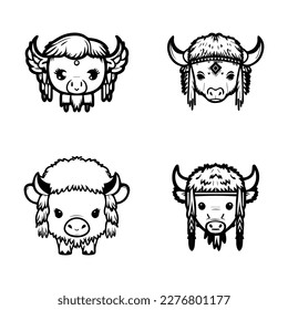 A cute and charming kawaii buffalo logo donning Indian chief accessories, showcased in a set of Hand drawn and colorful illustrations
