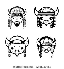 A cute and charming kawaii buffalo logo donning Indian chief accessories, showcased in a set of Hand drawn and colorful illustrations