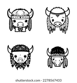 A cute and charming kawaii buffalo logo donning Indian chief accessories, showcased in a set of Hand drawn and colorful illustrations