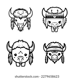 A cute and charming kawaii buffalo logo donning Indian chief accessories, showcased in a set of Hand drawn and colorful illustrations