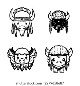 A cute and charming kawaii buffalo logo donning Indian chief accessories, showcased in a set of Hand drawn and colorful illustrations