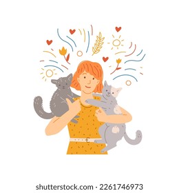 Cute charming kind woman and her cats, flat cartoon vector illustration isolated on white background. Pets and people love and care, adorable domestic animals.