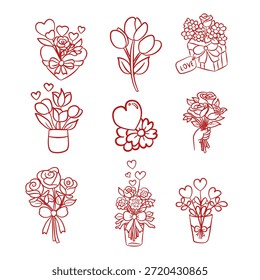 Un lindo y encantador conjunto de Vector de arte de línea con flores en ollas, Formas de corazón, cajas de regalo y arreglos florales románticos.
Estilo de ilustración de contorno juguetón perfecto para gráficos, pegatinas, planificadores, publicaciones en redes sociales, empaques, logotipos y diseños de páginas para colorear del Día de San Valentín.
Arte de línea roja simple sobre fondo blanco, Vector escalable y totalmente editable para proyectos digitales e impresos.