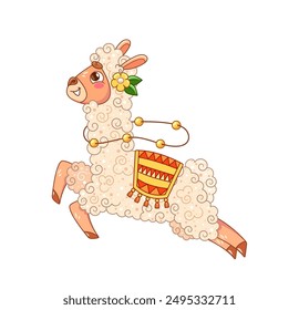 Cute Charming Llama Decorated With A Flower And Colorful Saddle. Vector Illustration For Use In Children Books, Posters