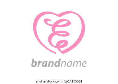 Cute and Charming logo design initial E Ribbon shaped like a heart.