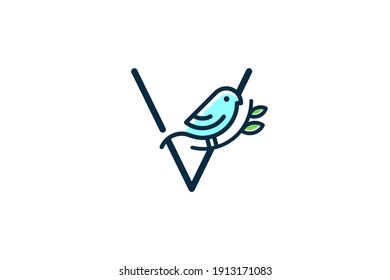 Cute and Charming logo design initial V combine with blue bird.