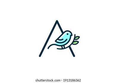 Cute and Charming logo design initial A combine with blue bird.