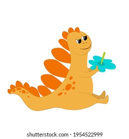 Cute charming orange dinosaur isolated on white background. Prehistoric character in cartoon childish style sits and holds a flower in his hands. The mood of joy and carelessness.