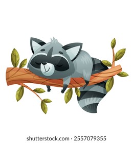 A cute and charming raccoon is peacefully dozing on a sturdy branch, surrounded by lush green leaves in nature