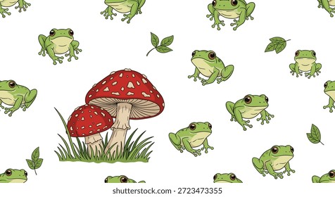 Bonito e charmoso padrão sem costura com pequenas rãs verdes e cogumelos amanita vermelhos espalhados em um fundo branco plano.