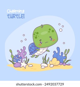 Cute charming turtle. Underwater world with cartoon kawaii character animal. Vector illustration