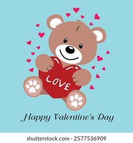 A cute and charming Valentine's Day illustration featuring a smiling teddy bear holding a red heart with the word LOVE written on it.Surrounding the bear are small red hearts.bg is a soft pastel blue.