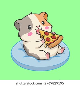A cute and charming vector illustration of a guinea pig mascot relaxing on a soft pillow while enjoying a slice of delicious pizza.